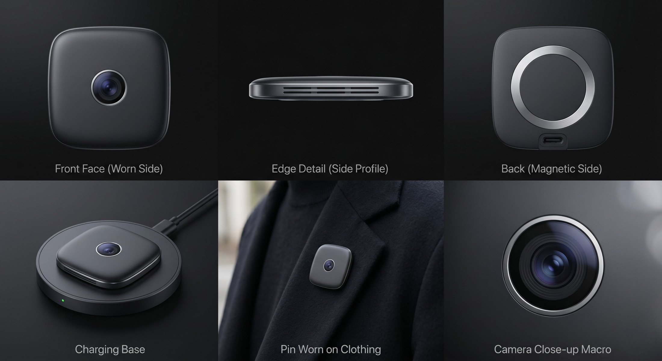 Multiple views of the Finn the Pin device, showing its rounded form factor, side buttons and camera from several angles.
