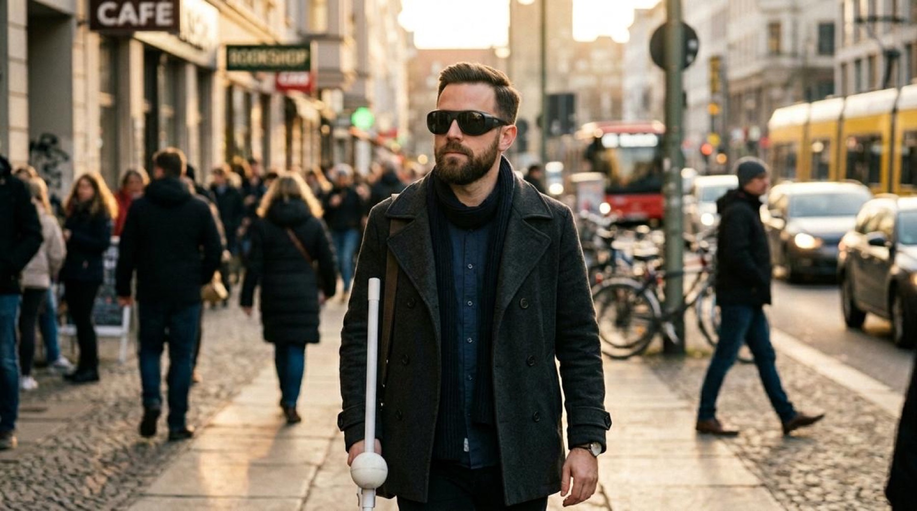 A man with a white cane and sunglasses walking confidently along a busy city street at dusk.