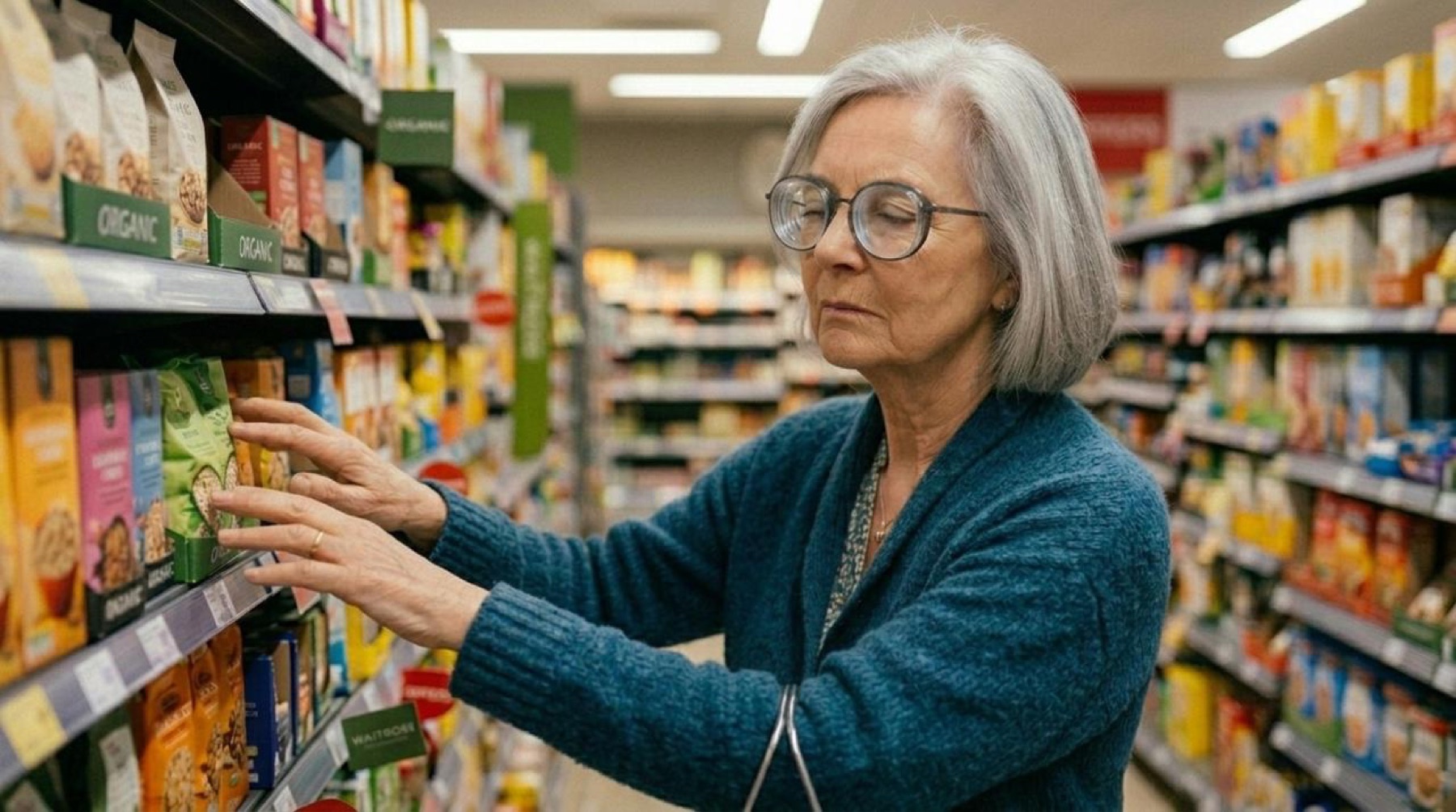 An older woman with glasses reaching for a product on a supermarket shelf.